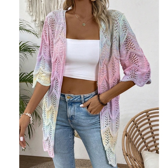 Vibrant Ombre Lightweight 1/2 Sleeve Open Front Cardigan - Picture 10 of 17